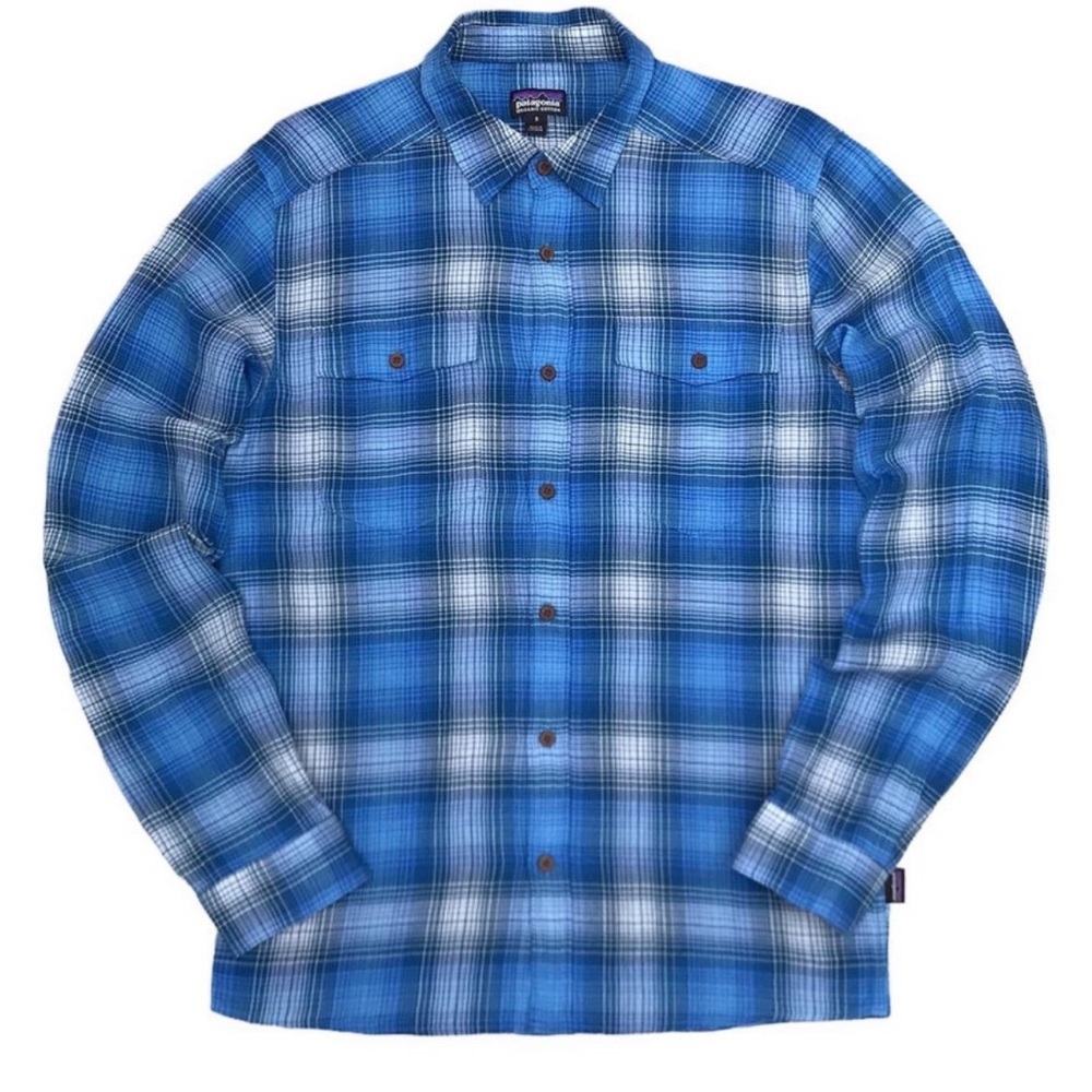 Patagonia Organic Cotton Blue Plaid Flannel Button Pocket Outdoor Hike Unisex